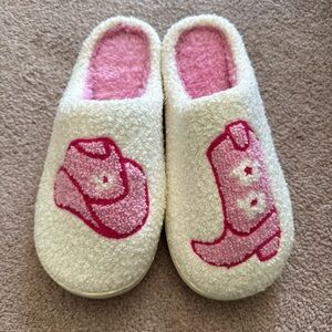 Cozy Pink and White Slippers with Cowboy Design